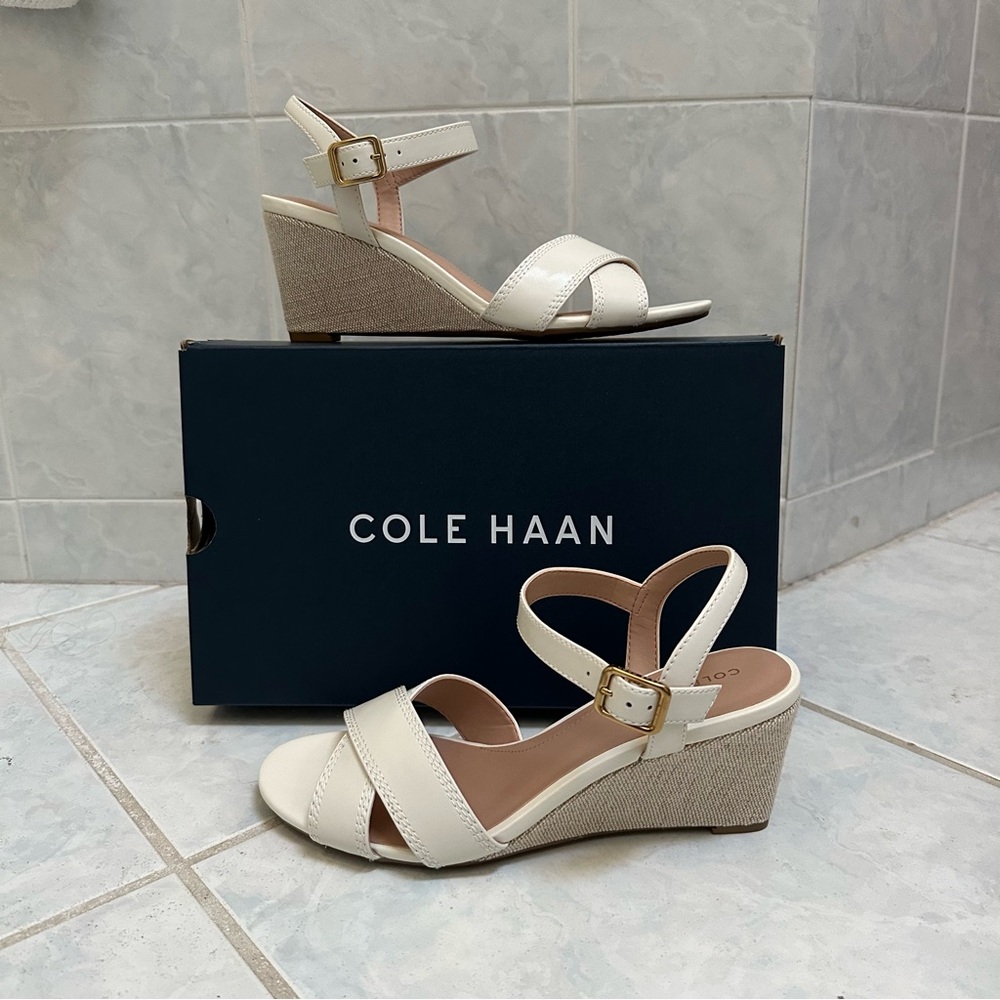 NWT Cole Haan Renata Women's Criss Cross Ivory Leather Wedge Sandals Size 7.5